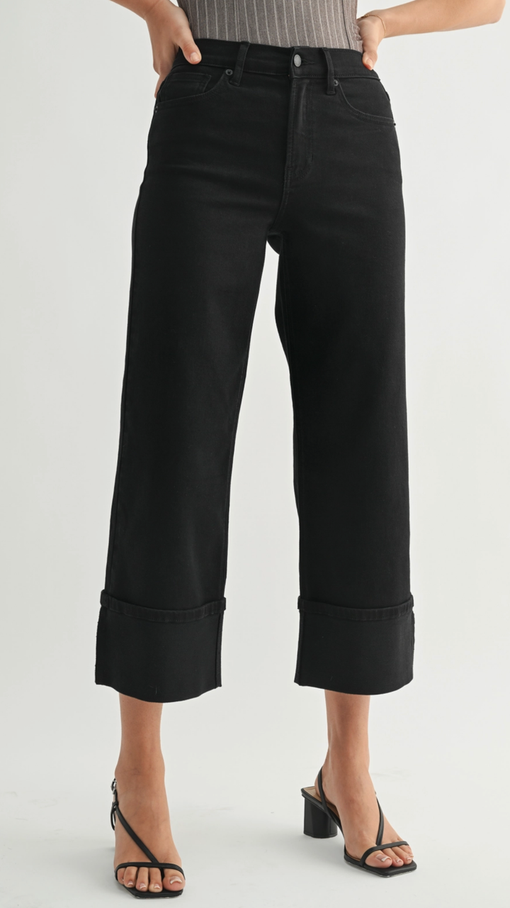 Mid Rise Jet Black Petite Cuffed Slim Wide Jeans