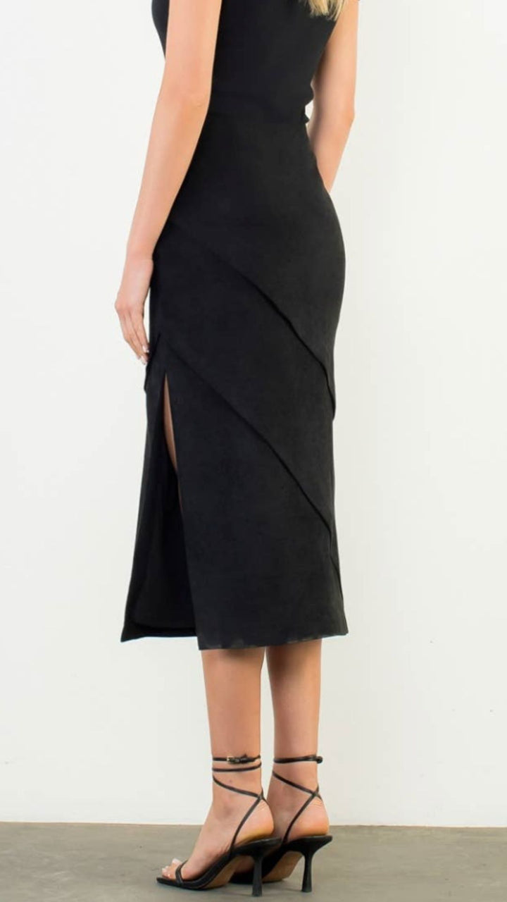 Black Suede Wrap Detail Midi Skirt