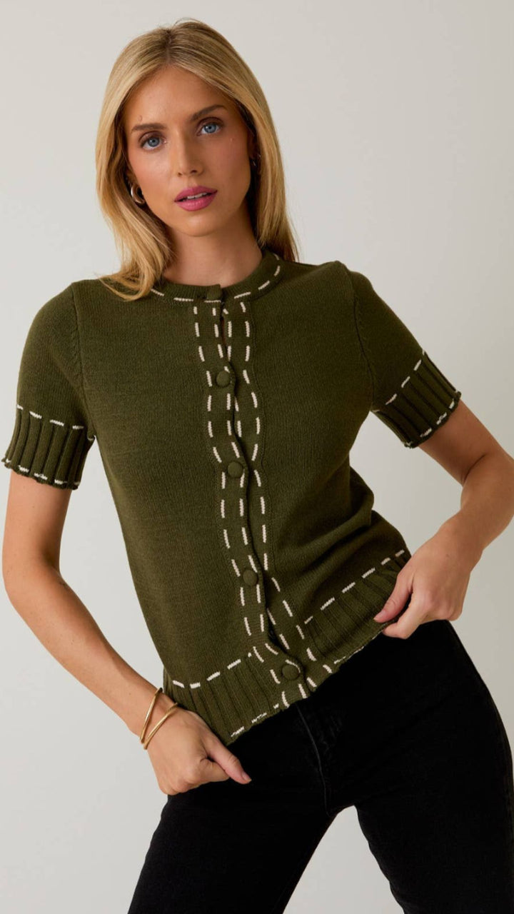 Olive Round Neck Stitch Detail Sweater Cardigan