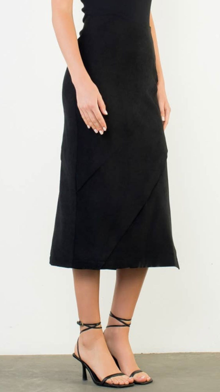 Black Suede Wrap Detail Midi Skirt