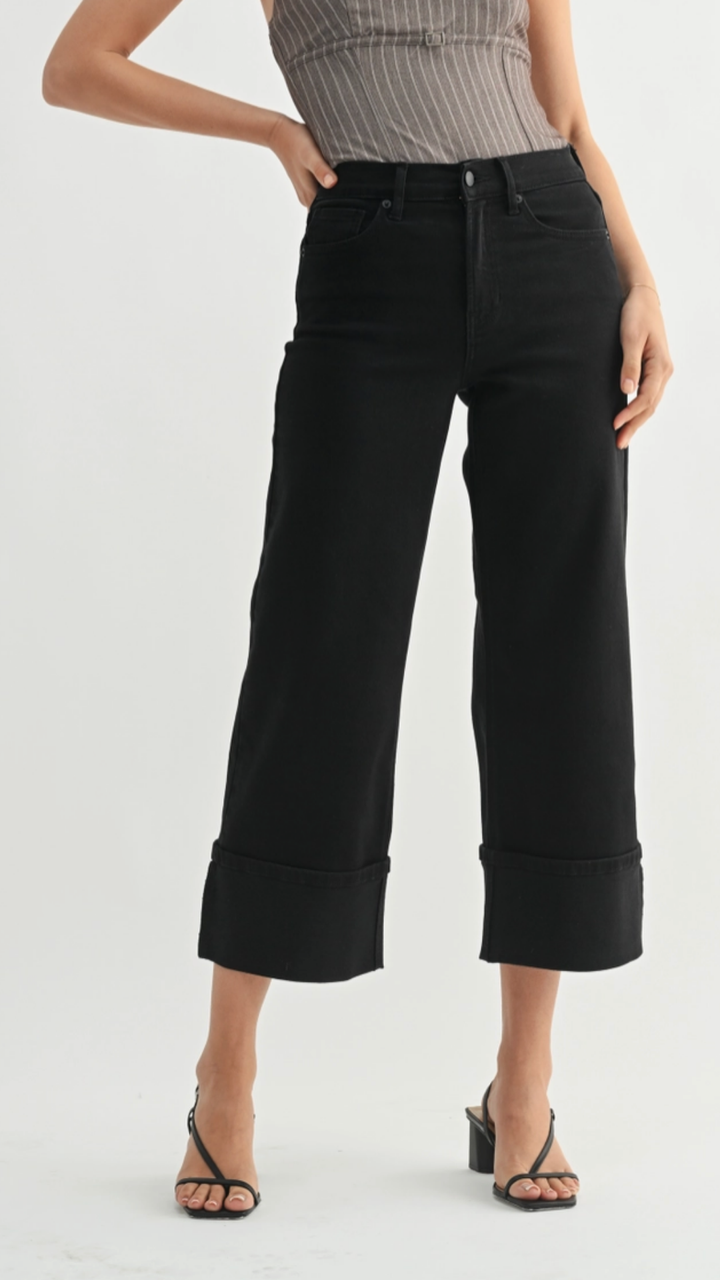 Mid Rise Jet Black Petite Cuffed Slim Wide Jeans