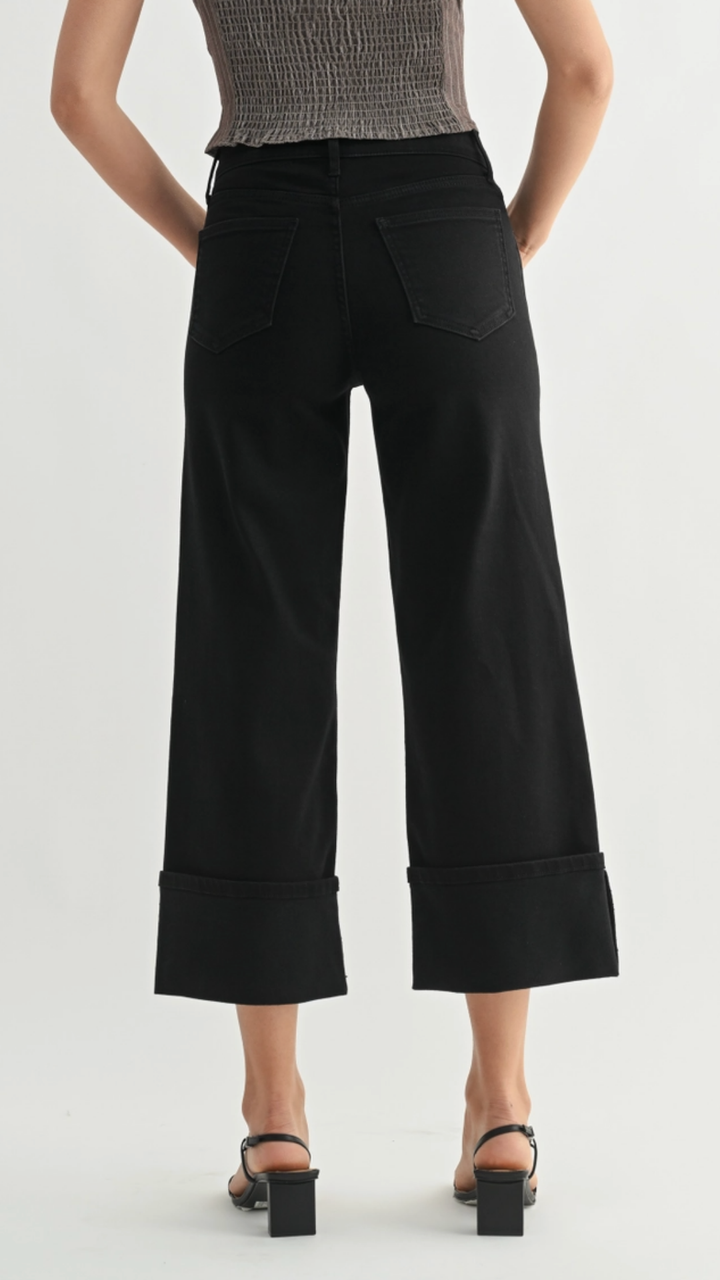 Mid Rise Jet Black Petite Cuffed Slim Wide Jeans
