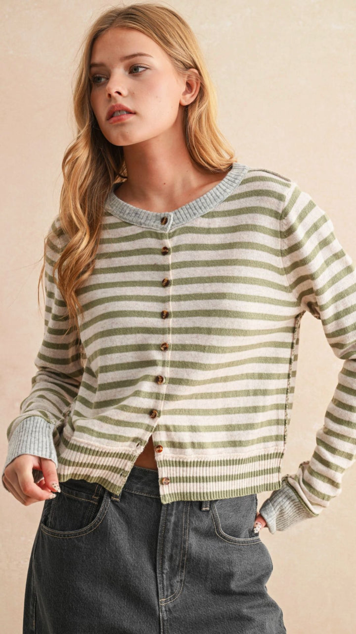 Olive And Gray Striped Pattern Button Front Cardigan