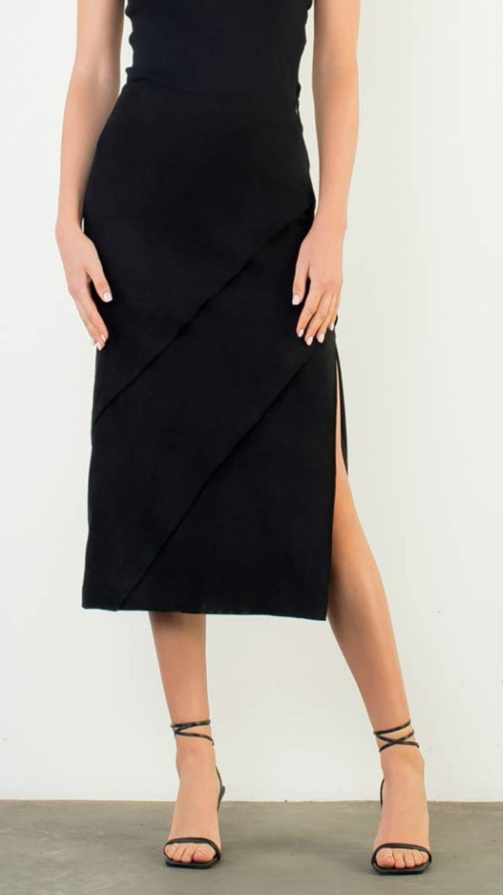 Black Suede Wrap Detail Midi Skirt