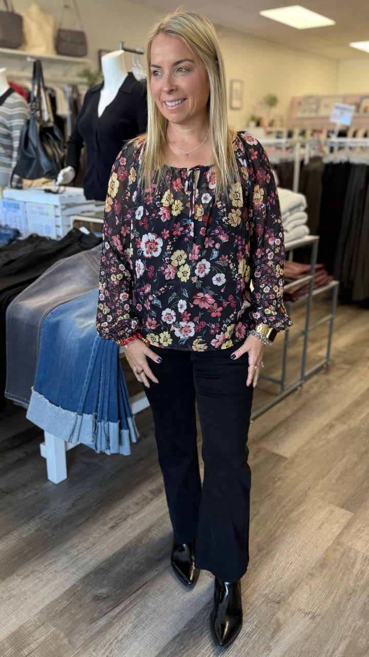 Floral Long Sleeve Blouse With Neck Tie