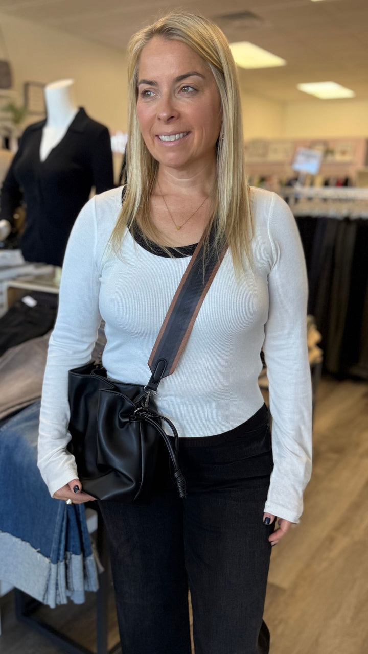 Ivory Black Contrast Scoop Neck Rib Long Sleeve