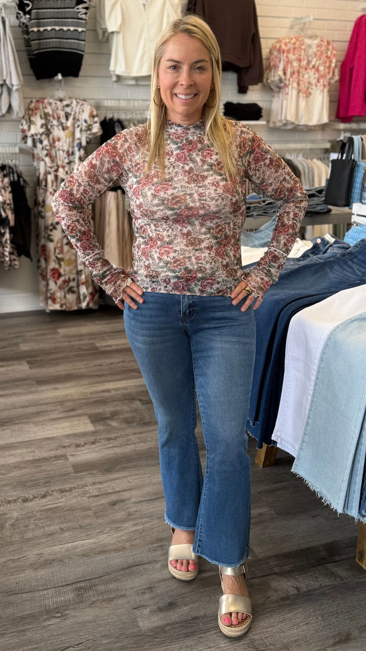 Cream Floral Print Mesh Mock Neck Top