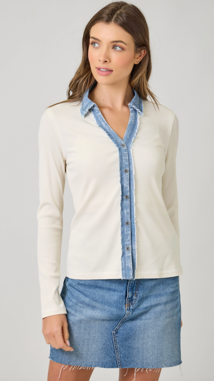 Vintage White Washed Rib Thermal Button Down Top