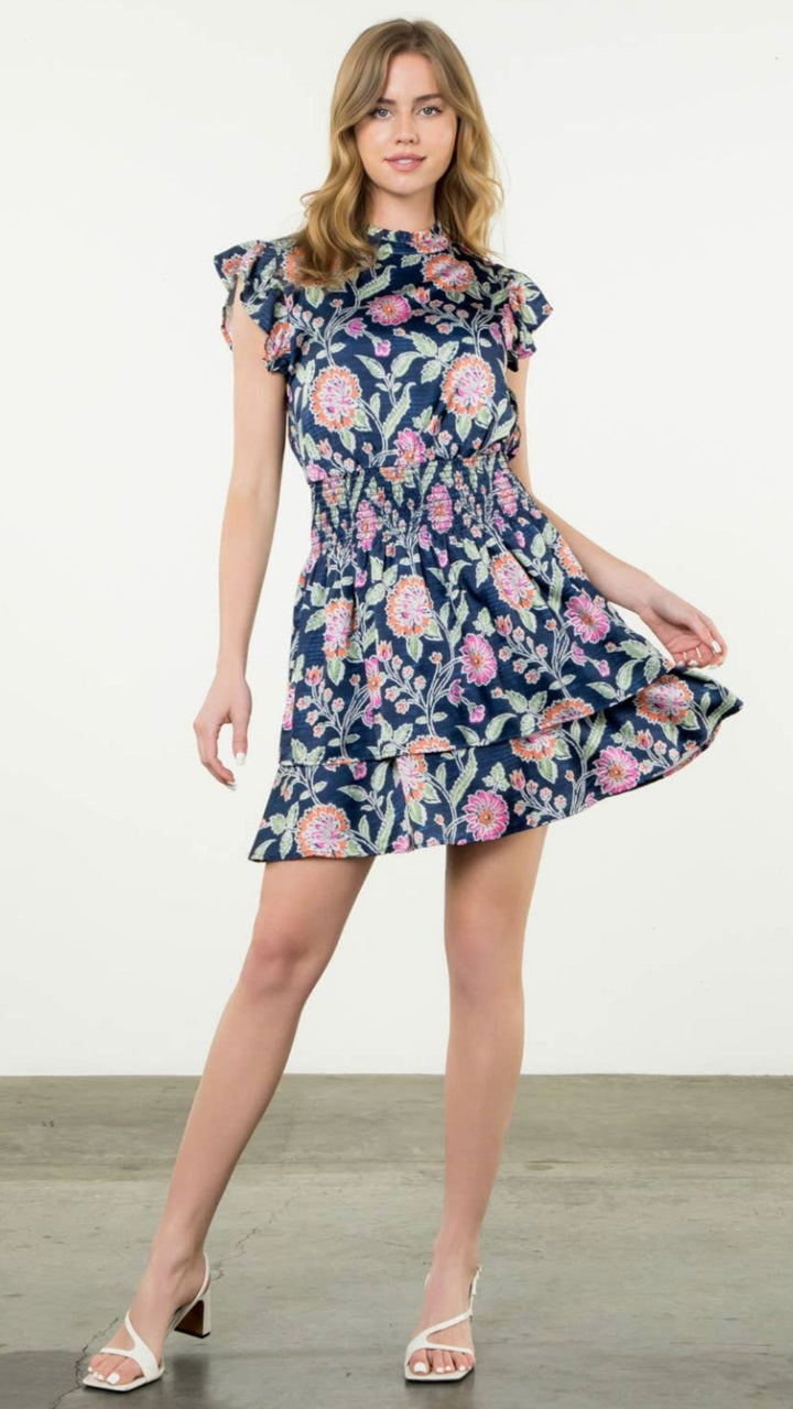 Smocked Waist Flutter Sleeve Floral Dress