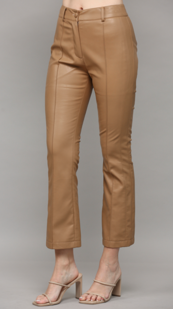 Camel Faux Leather Pintucked Front Flare Pants