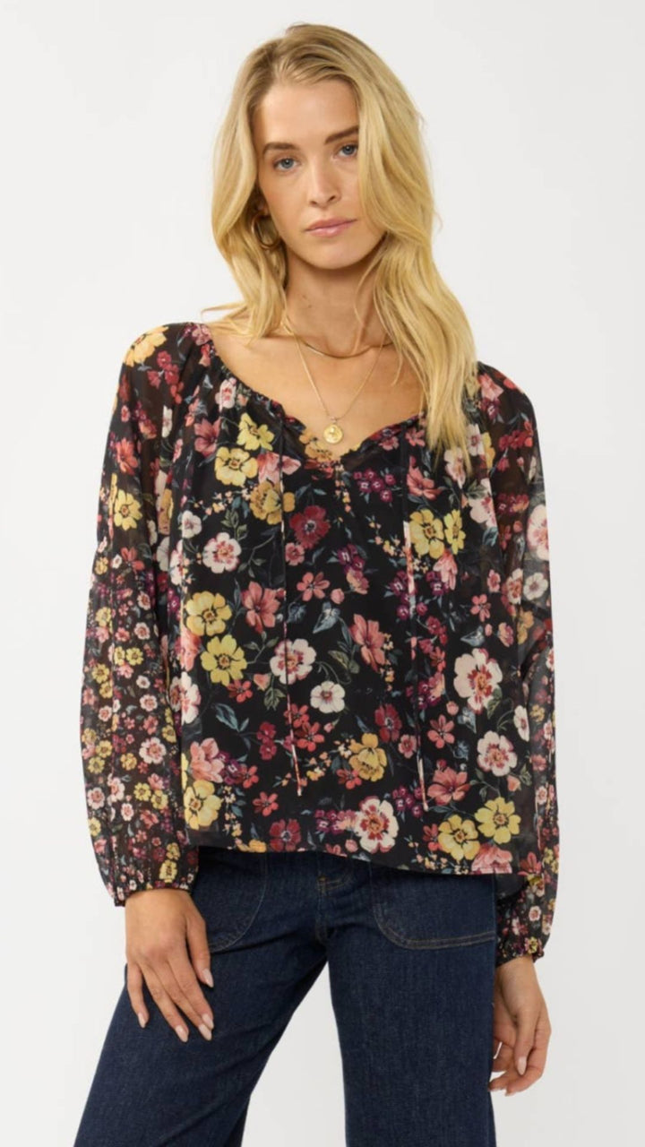 Floral Long Sleeve Blouse With Neck Tie