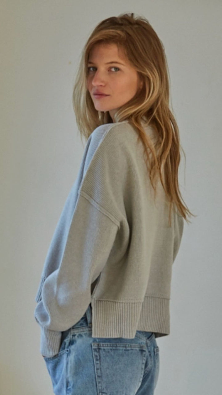 Light Gray Cotton Acrylic Ribbed Knit Sweater