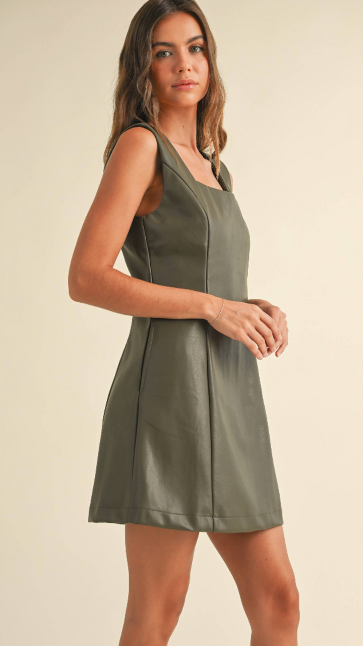 Olive Square Neck PU Dress