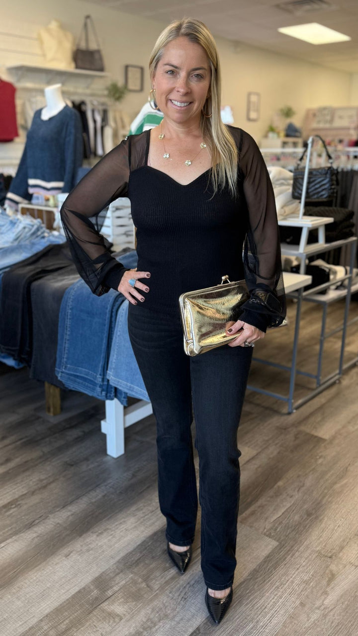 On The Edge Mixed Mesh Sweetheart Neck Long Sleeve