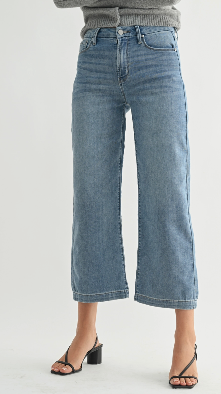 Mid Rise Medium Wash Cropped Wide Sweat Jeans