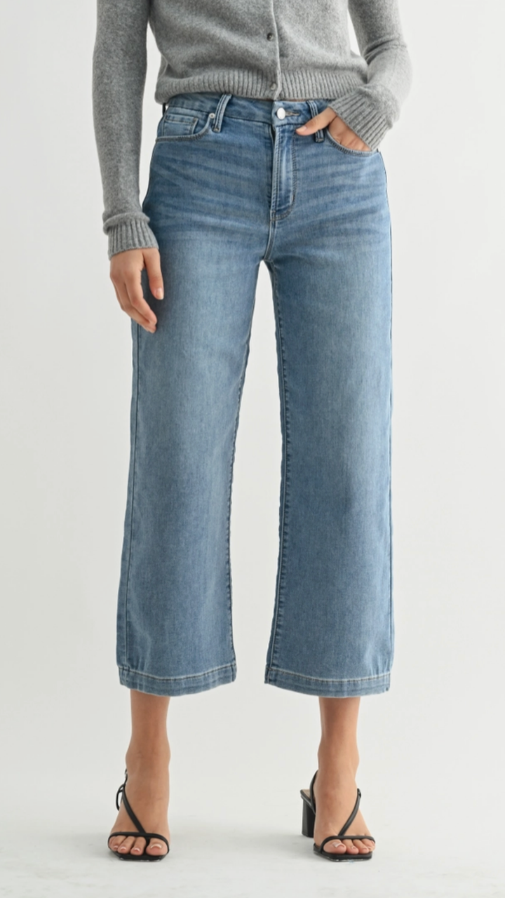 Mid Rise Medium Wash Cropped Wide Sweat Jeans