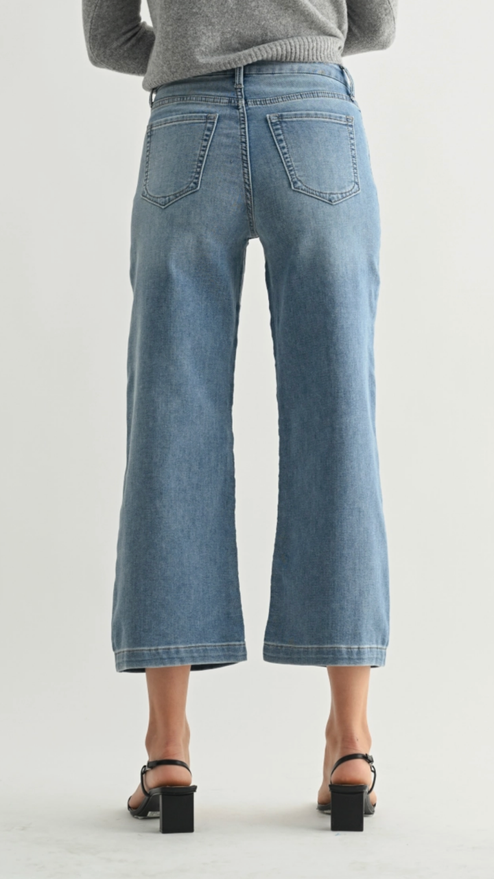 Mid Rise Medium Wash Cropped Wide Sweat Jeans