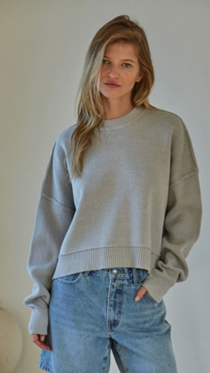 Light Gray Cotton Acrylic Ribbed Knit Sweater