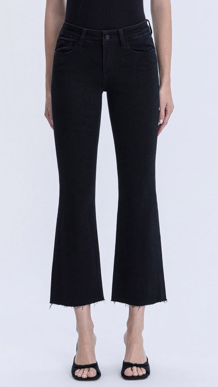 Mid Rise Jet Black Raw Hem Bootcut Jeans