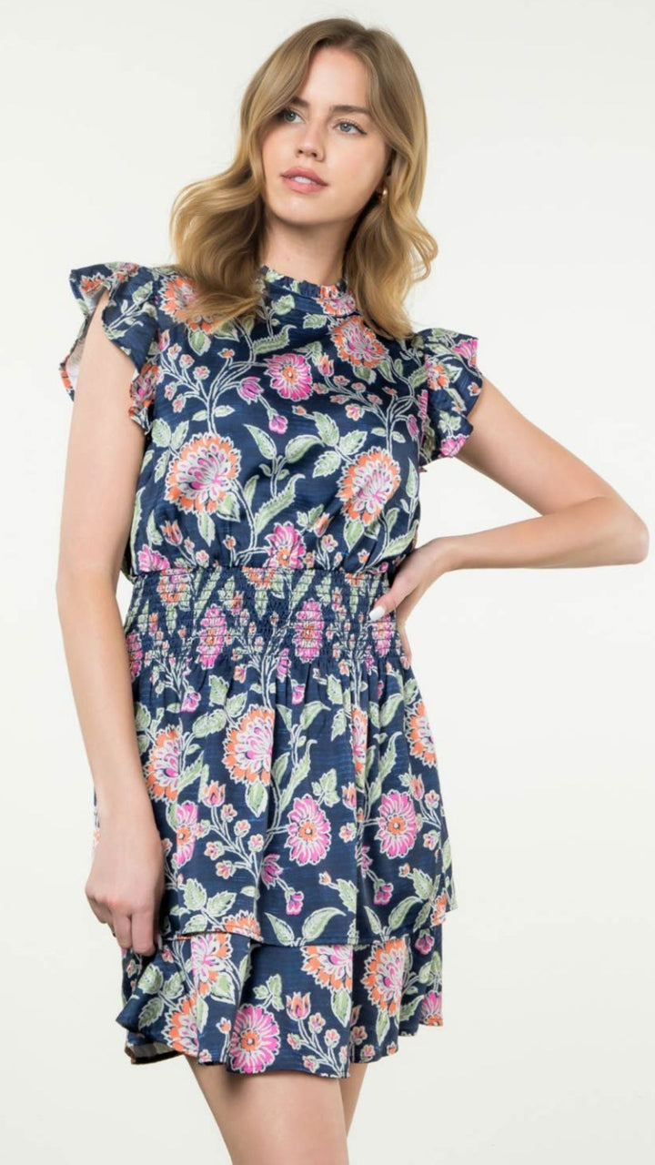 Smocked Waist Flutter Sleeve Floral Dress