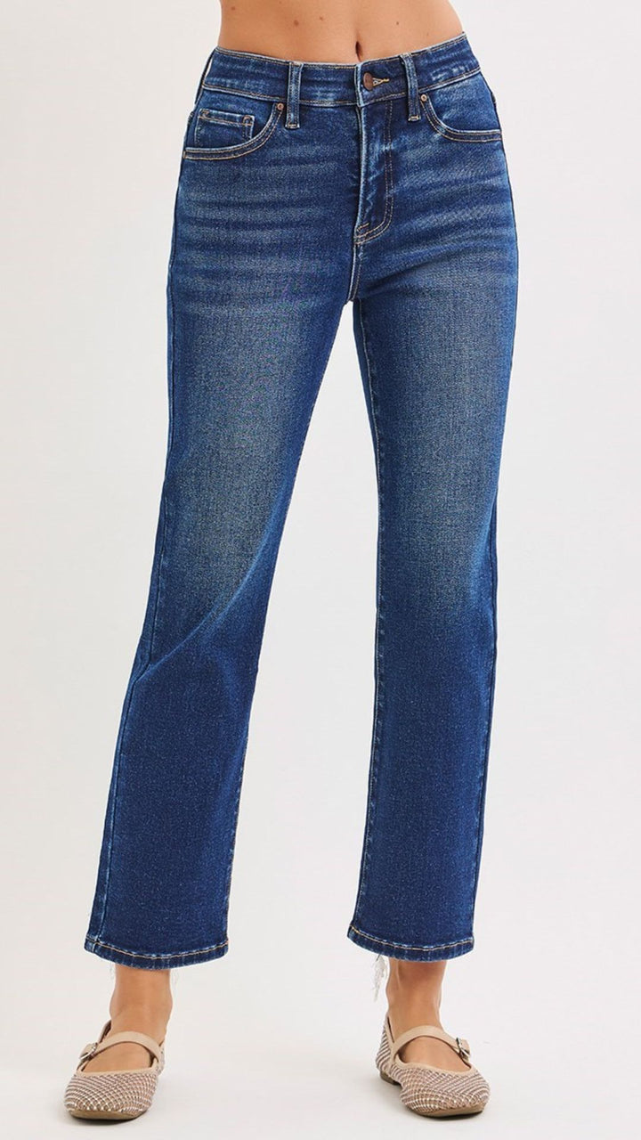 High Rise Tummy Control Dark Wash Crop Straight Jeans
