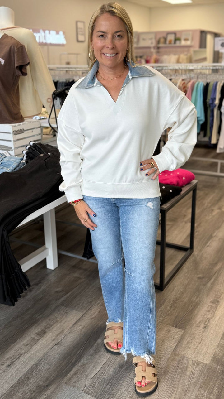 Twill Knit Side Zip Pullover with Denim Collar