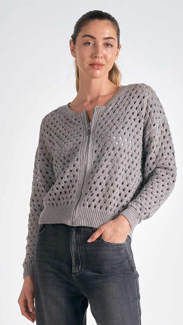 Gray Open Knit Sweater Cardigan