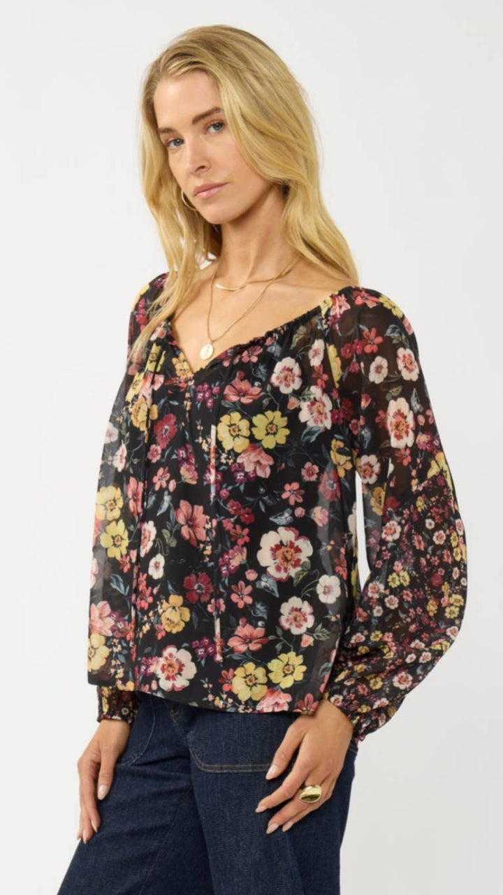 Floral Long Sleeve Blouse With Neck Tie