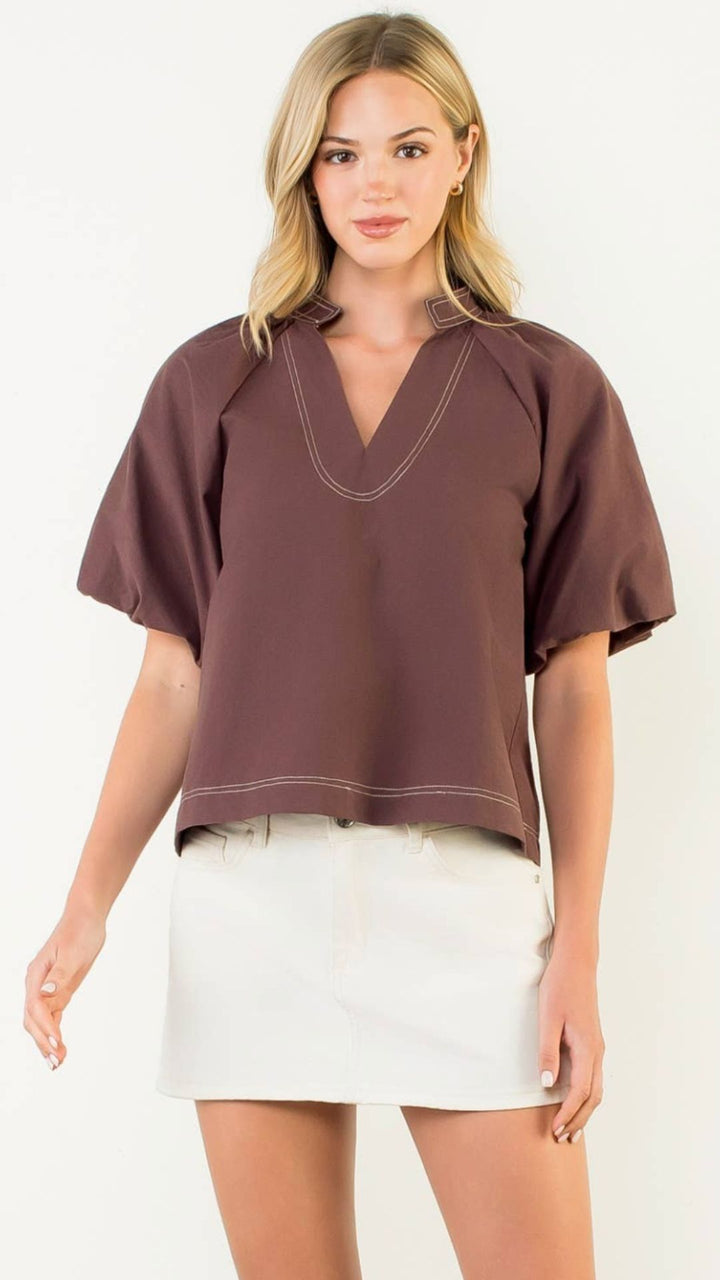 Contrast Stitch Puff Sleeve Blouse