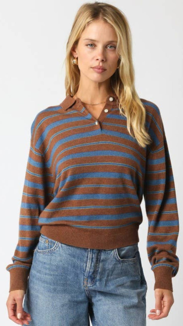 Brown Blue And Green Stripe Knit Collared Top