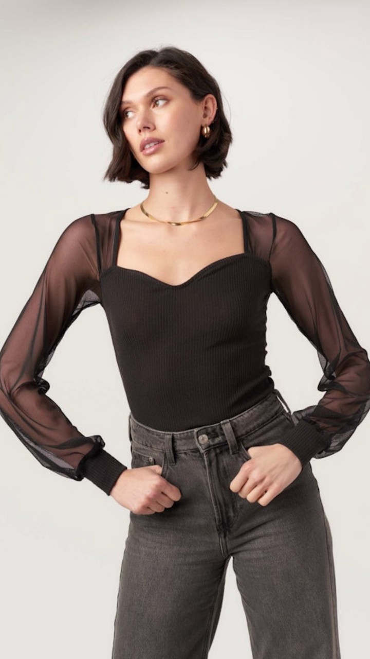 On The Edge Mixed Mesh Sweetheart Neck Long Sleeve