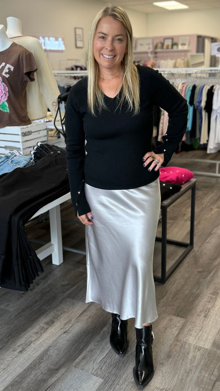 Silver Metallic Silk Midi Skirt