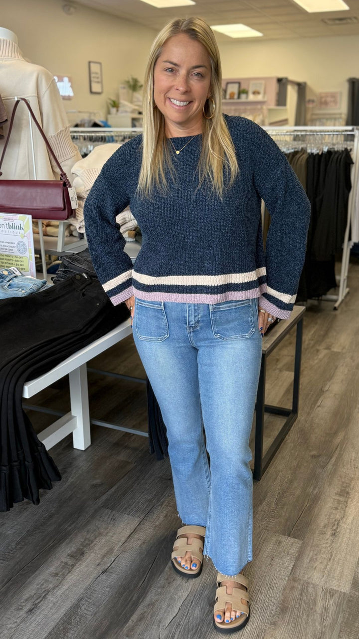 High Rise Medium Wash Patch Pocket Kick Flare Jeans