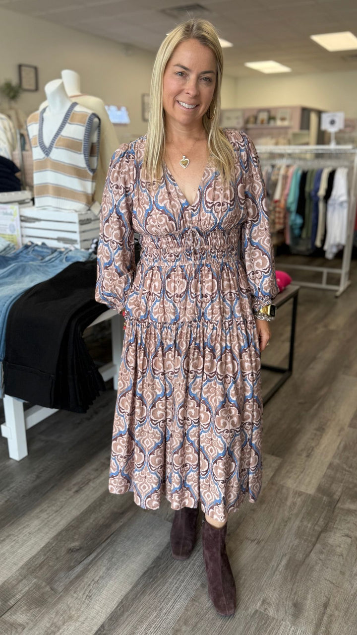 Mauve And Brown Pattern Midi Dress