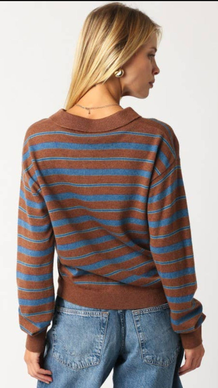 Brown Blue And Green Stripe Knit Collared Top