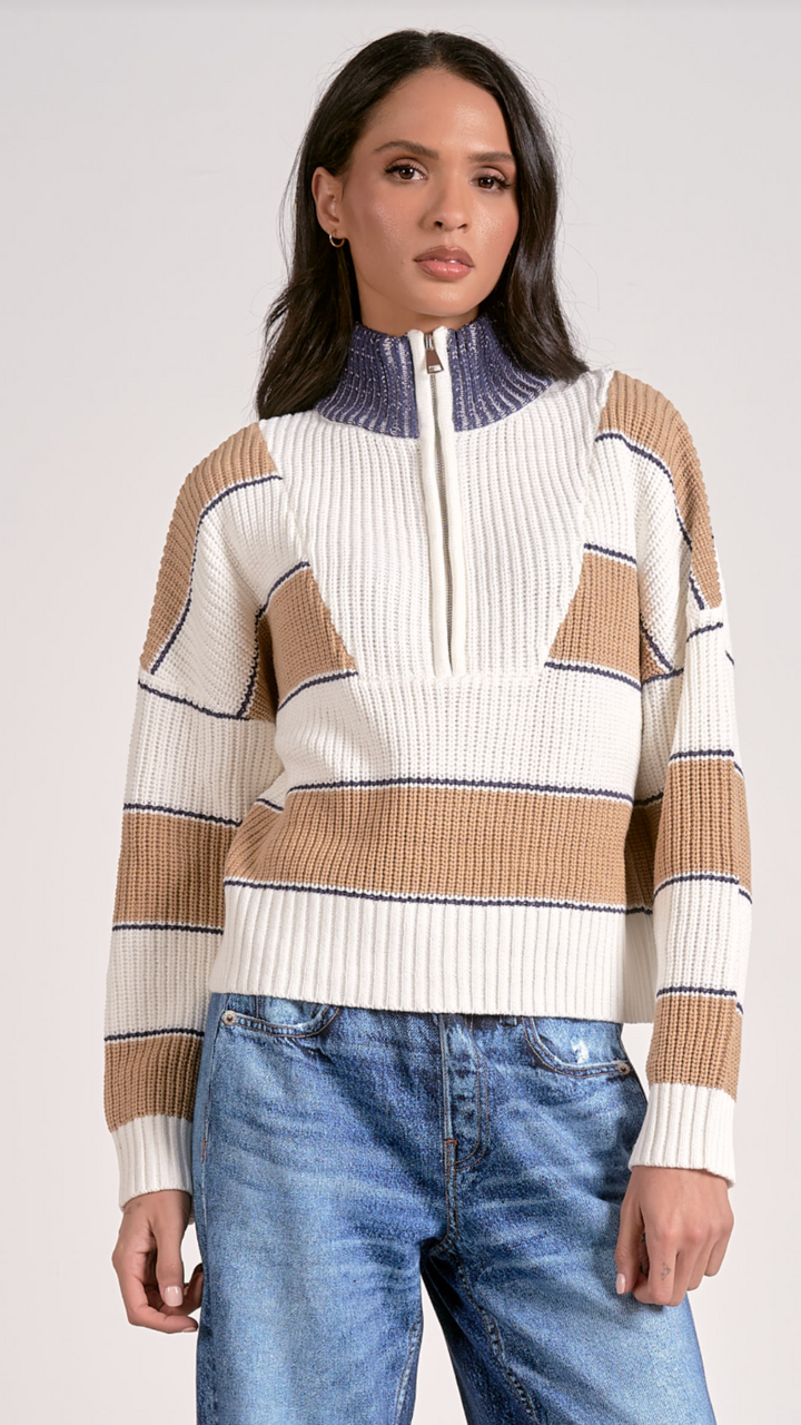 Camel Quarter Zip Colorblock Sweater