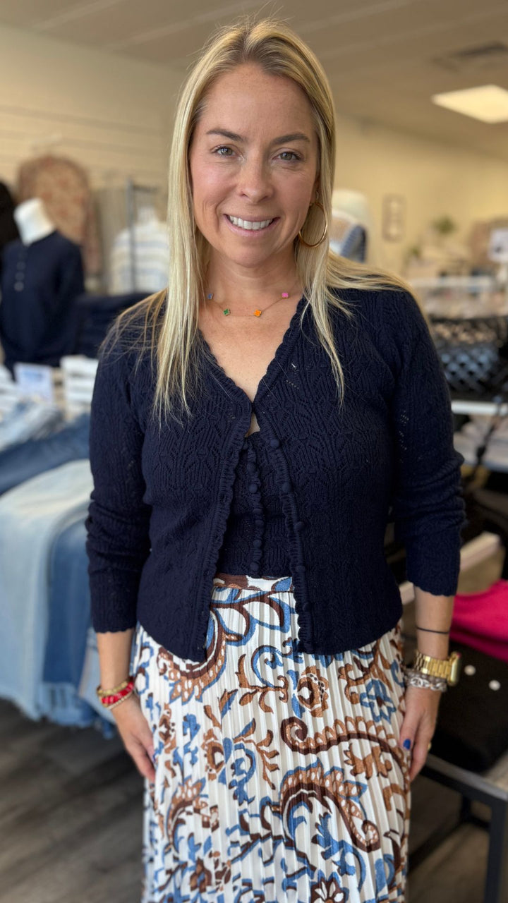 Navy Pointelle Knit Scallop Detail Cardigan