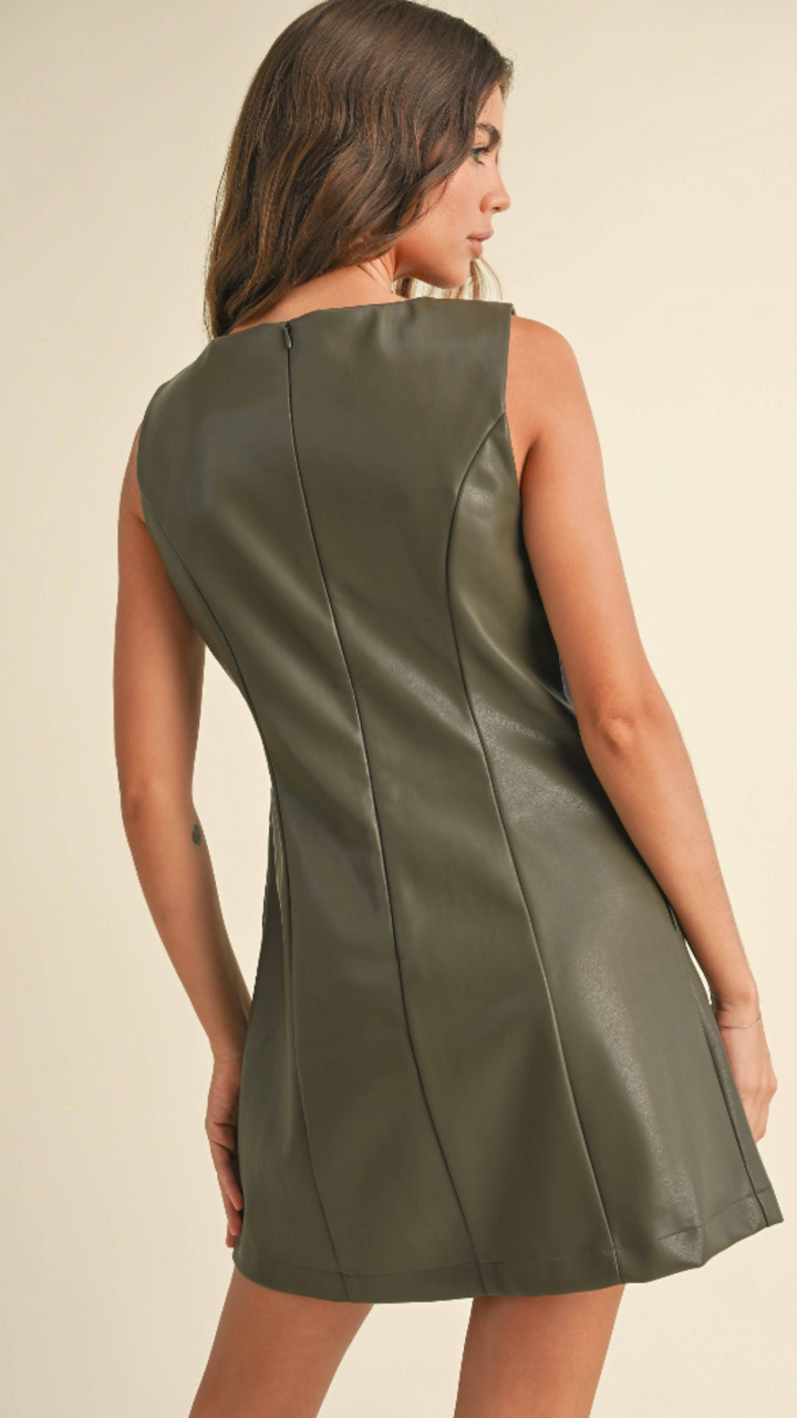 Olive Square Neck PU Dress