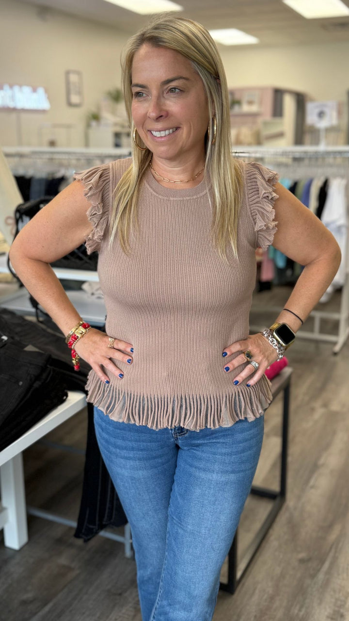 Taupe Flutter Sleeve Sweater Knit Top