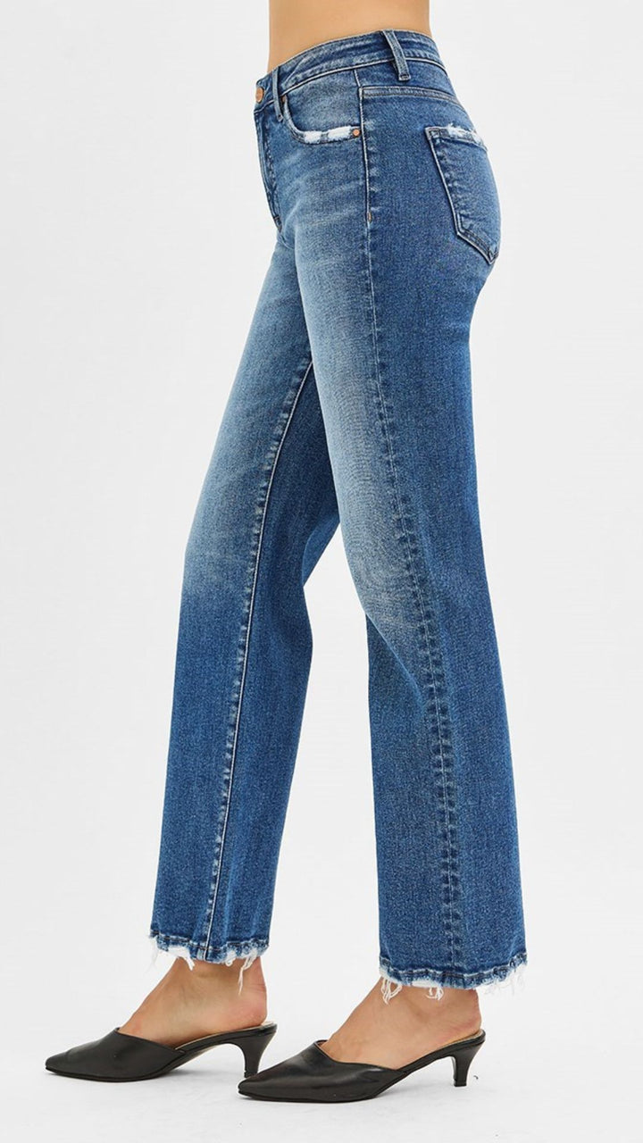 High Rise Tummy Control Full Length Straight Jeans With Distressed Hem
