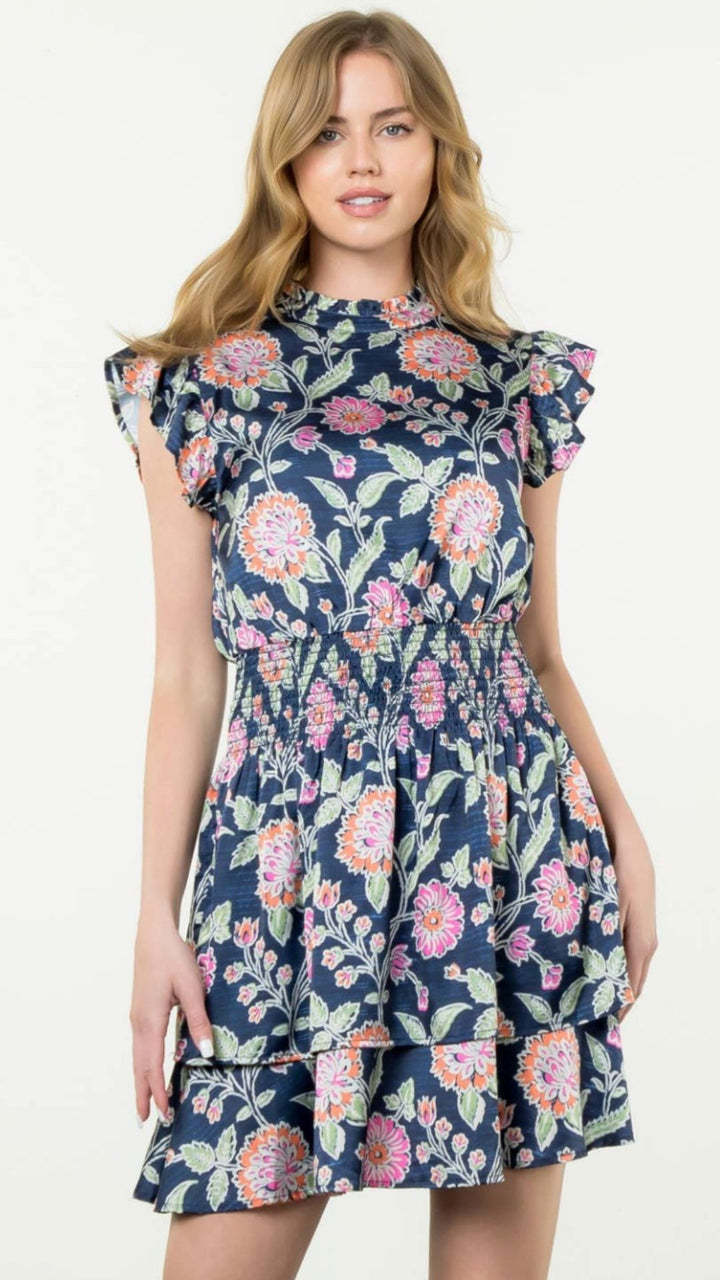 Smocked Waist Flutter Sleeve Floral Dress