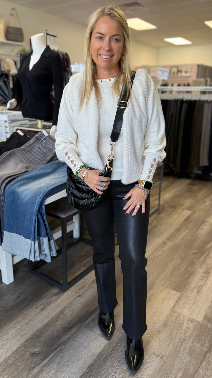 Off White Bow Detail Long Sleeve Knit Top