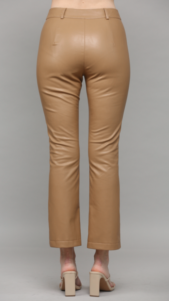 Camel Faux Leather Pintucked Front Flare Pants