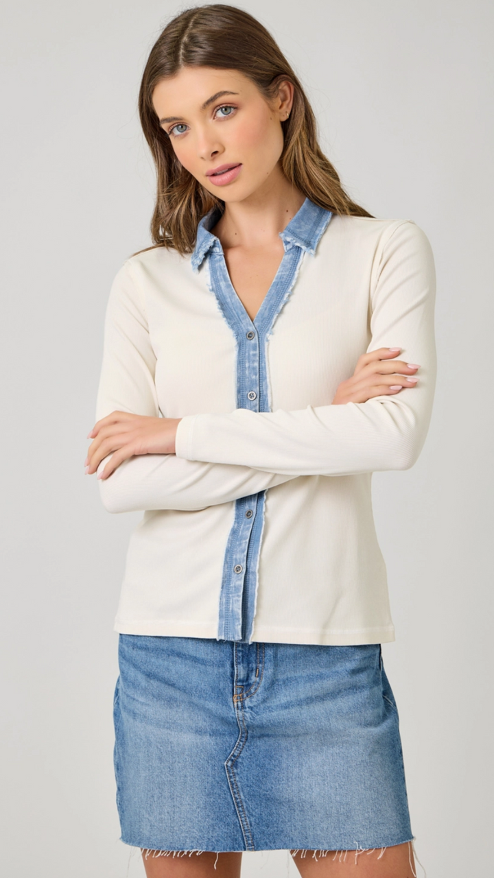 Vintage White Washed Rib Thermal Button Down Top