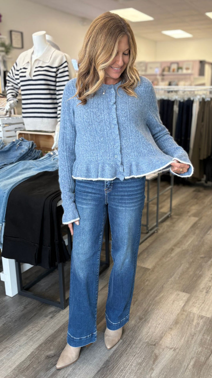 Button Front Ruffled Detail Sweater Cardigan