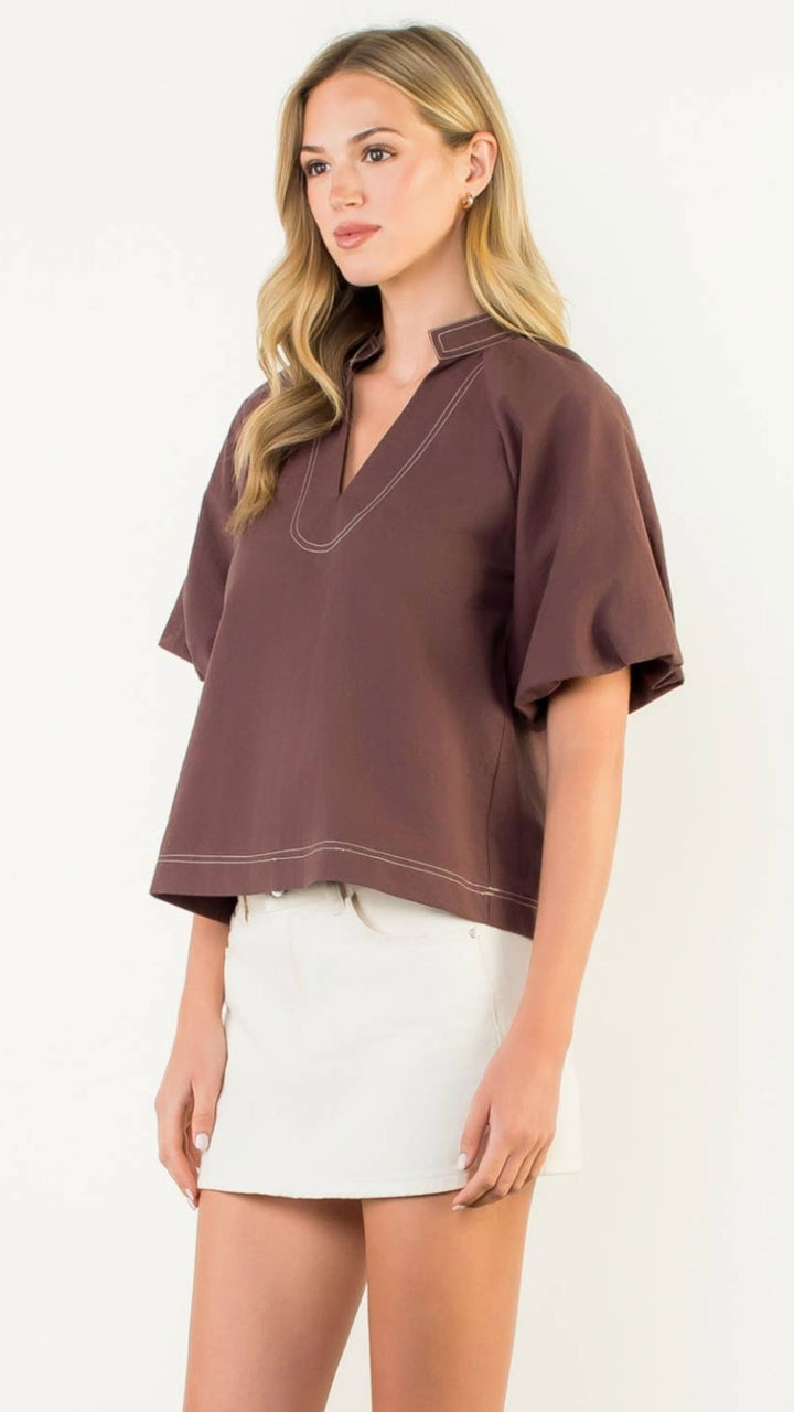 Contrast Stitch Puff Sleeve Blouse