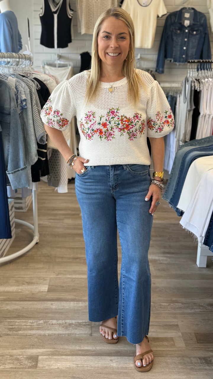 High Rise Medium Wash Super Soft Crop Slim Wide Jeans