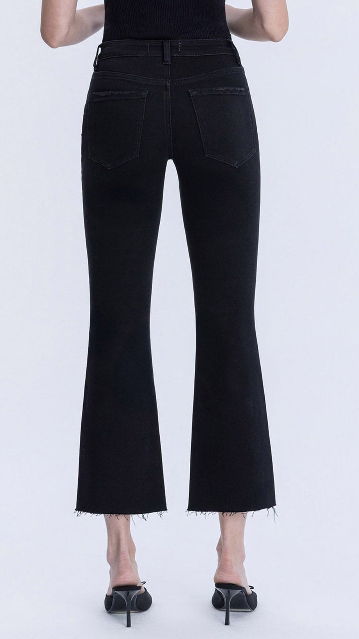 Mid Rise Jet Black Raw Hem Bootcut Jeans