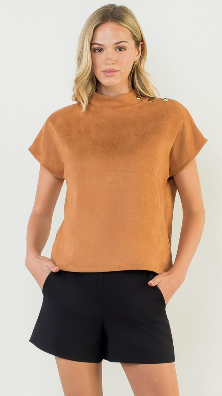 Camel Button Detail Short Sleeve Suede Top
