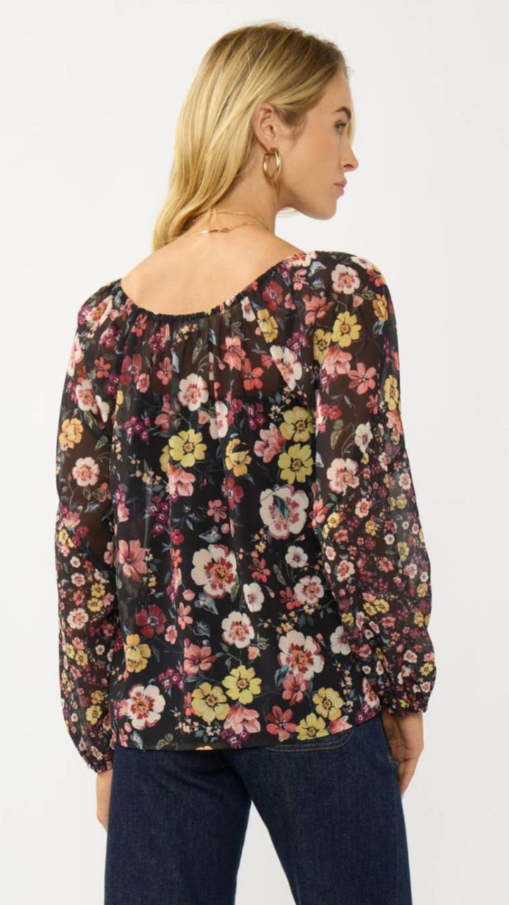 Floral Long Sleeve Blouse With Neck Tie